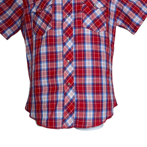 Wrangler Pearl Snap Red White Blue Patriotic USA Light Plaid Western Shirt M - Picture 3 of 10